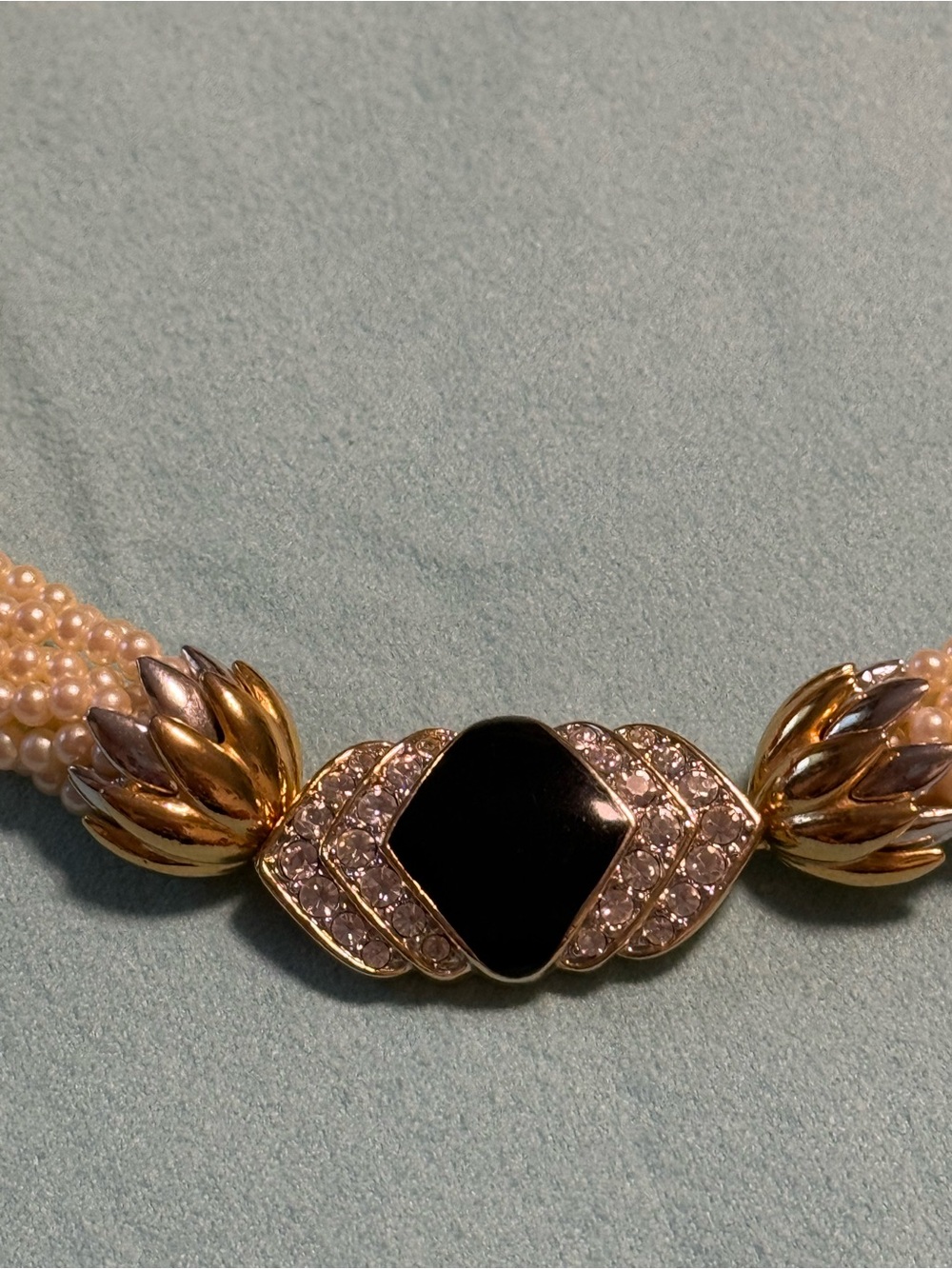 Vintage Multi-Strand Faux Pearl Necklace with Black Enamel front clasp Necklace - Picture 10 of 15